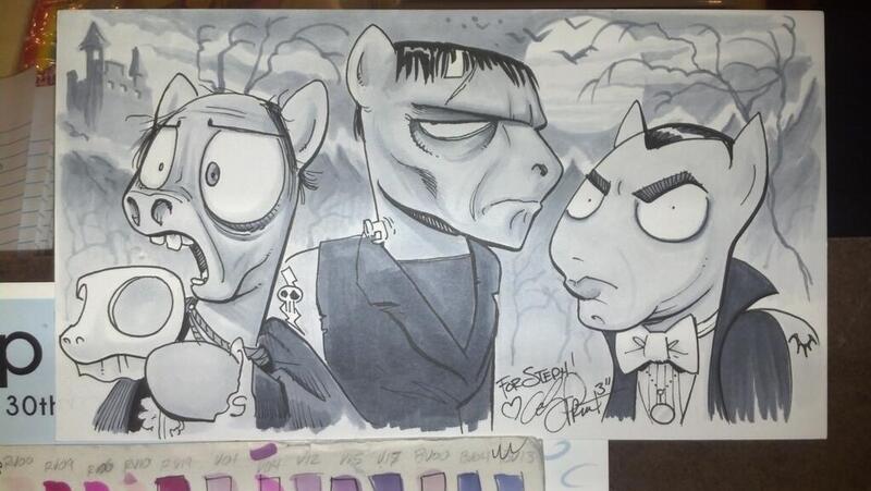 Size: 1023x577 | Tagged: artist:andypriceart, derpibooru import, dracula, erik, frankenstein's monster, idw, monochrome, phantom of the opera, safe, universal monsters