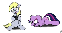 Size: 1823x974 | Tagged: safe, artist:sandwich-anomaly, derpibooru import, derpy hooves, twilight sparkle, pegasus, pony, unicorn, book, female, hitchhiker's guide to the galaxy, lip bite, mare, shivering, unicorn twilight, vogon poetry