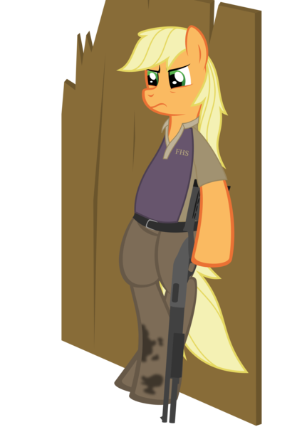 Size: 3000x4243 | Tagged: applejack, artist:pasuri98, clothes, coach (l4d2), cosplay, costume, crossover, derpibooru import, gun, left 4 dead, left 4 dead 2, safe, semi-anthro, shotgun, simple background, solo, weapon