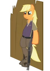 Size: 3000x4243 | Tagged: applejack, artist:pasuri98, clothes, coach (l4d2), cosplay, costume, crossover, derpibooru import, gun, left 4 dead, left 4 dead 2, safe, semi-anthro, shotgun, simple background, solo, weapon