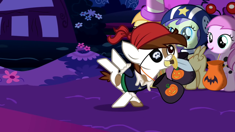 Size: 1280x720 | Tagged: safe, derpibooru import, screencap, alula, applecore, noi, pipsqueak, piña colada, pluto, princess erroria, earth pony, pony, luna eclipsed, 4chan, bag, bandana, clothes, colt, costume, halloween, holiday, male, nightmare night, pirate, piña cutelada, sword, trick or treat, weapon