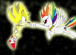 Size: 3510x2550 | Tagged: artist:lightdegel, brofist, crossover, derpibooru import, element of loyalty, hoofbump, rainbow dash, safe, sonic the hedgehog, sonic the hedgehog (series), super rainbow dash, super sonic