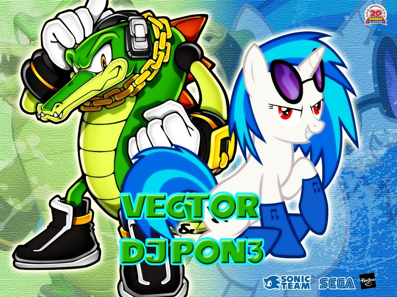 Size: 1024x768 | Tagged: artist:lightdegel, crossover, derpibooru import, safe, sonic the hedgehog (series), vector the crocodile, vinyl scratch, wallpaper