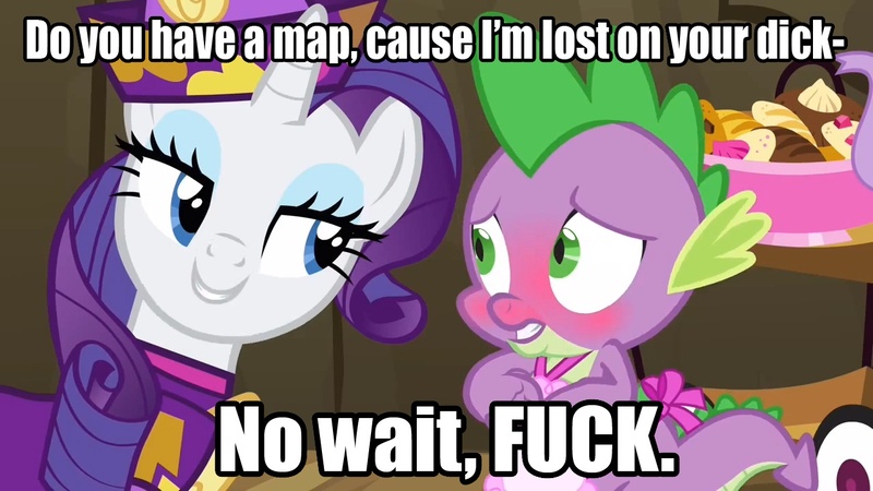 Size: 1280x720 | Tagged: suggestive, derpibooru import, edit, edited screencap, screencap, rarity, spike, dragon, pony, unicorn, dragon quest, apron, blushing, caption, clothes, dress, female, image macro, male, mare, meme, naked apron, rarity's bad pickup lines, shipping, sparity, straight, text, vulgar, you blew it