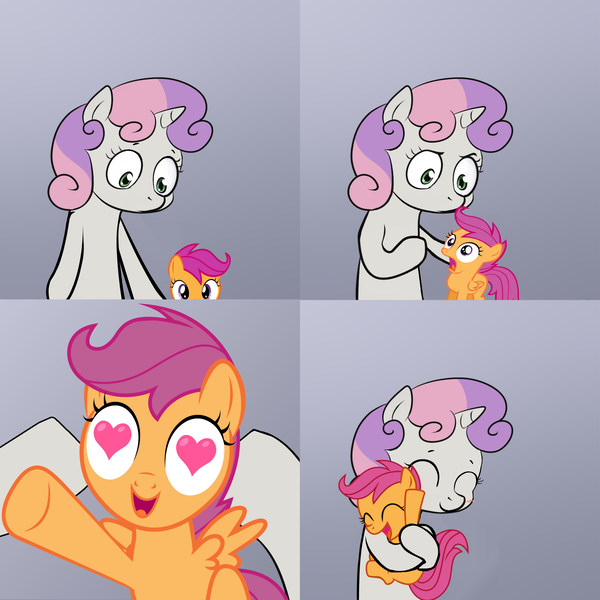 Size: 2000x2000 | Tagged: derpibooru import, exploitable meme, hug, meme, obligatory pony, safe, scootaloo, scootalove, size difference, sweetie belle, sweetie's note meme