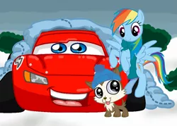 Size: 1289x923 | Tagged: artist:nerdrodder, car, cars (pixar), crossover, derpibooru import, lightning mcqueen, littlest pet shop, pixar, rainbow dash, safe