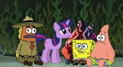 Size: 630x345 | Tagged: safe, derpibooru import, edit, twilight sparkle, it's about time, all hail the magic conch, club spongebob, crossover, image, park ranger, patrick star, png, pyro, sitting pyro, spongebob squarepants, spongebob squarepants (character), team fortress 2