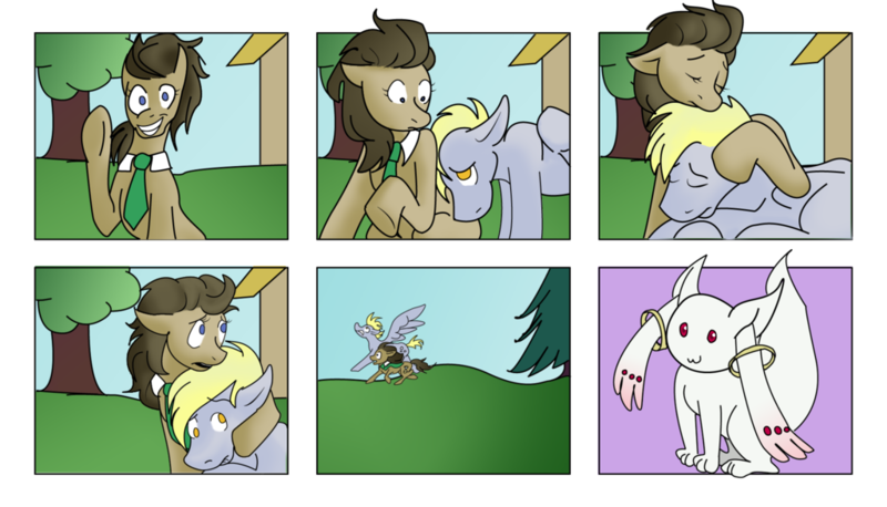 Size: 1024x586 | Tagged: artist:kalowjager, comic, crossover, derpibooru import, derpy hooves, doctor whooves, dopey hooves, herpy dooves, incubator (species), kyubey, necktie, puella magi madoka magica, rule 63, safe, the doctoress, time turner