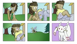Size: 1024x586 | Tagged: artist:kalowjager, comic, crossover, derpibooru import, derpy hooves, doctor whooves, dopey hooves, herpy dooves, incubator (species), kyubey, necktie, puella magi madoka magica, rule 63, safe, the doctoress, time turner