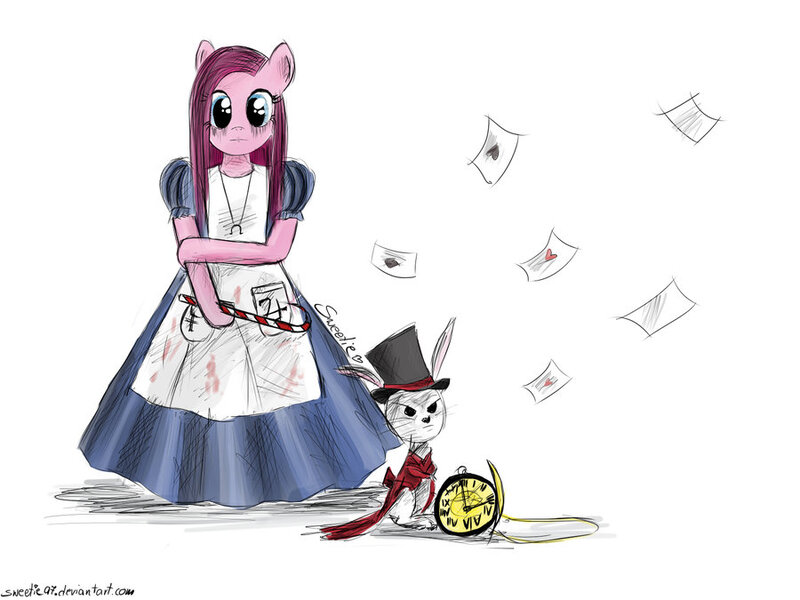 Size: 900x675 | Tagged: safe, artist:sweeterwho, derpibooru import, angel bunny, pinkie pie, pony, alice in wonderland, american mcgee's alice, bierzcie i rysujcie, bipedal, candy, candy cane, card, clothes, dress, food, hat, parody, pinkamena diane pie, pocket watch, top hat