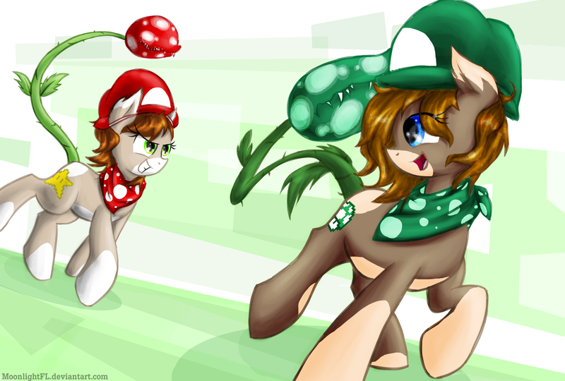 Size: 4000x2700 | Tagged: 1-up mushroom, artist:moonlightfl, augmented tail, cap, derpibooru import, hat, luigi's hat, mario's hat, monster pony, nintendo, oc, oc:8-bit, oc:pixel, original species, piranha plant, piranha plant pony, plant, plant pony, safe, stars, super mario bros., super star, unofficial characters only