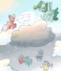 Size: 800x934 | Tagged: artist:needsmoarg4, cloud, derpibooru import, dewdrop dazzle, g1, g1 to g4, generation leap, lemon drop, medley, rain, safe, snowcatcher, snowflake (g1), speech bubble, storm, umbrella