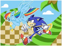Size: 547x400 | Tagged: artist:bwingbwing, crossover, derpibooru import, flying, green hill zone, grin, jewelry, one eye closed, rainbow dash, ring, safe, smiling, sonic the hedgehog, sonic the hedgehog (series), wink