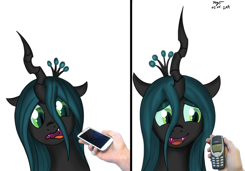 Size: 1605x1124 | Tagged: artist:xyi, bust, changeling, changeling queen, derpibooru import, female, galaxy (phone), human, nokia, phone, quadrupedal, queen chrysalis, safe, samsung, simple background, white background