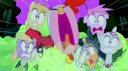 Size: 500x277 | Tagged: safe, derpibooru import, screencap, applecore, dinky hooves, noi, piña colada, pinkie pie, pipsqueak, scootaloo, sweetie belle, wolf, luna eclipsed, animal costume, animated, bandana, chicken pie, chicken suit, clothes, colt, costume, eyepatch, female, filly, foal, male, nightmare night, out of context, scared, scootawolf, screaming, wolf costume