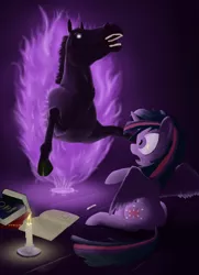 Size: 2000x2759 | Tagged: safe, artist:phiktorial, derpibooru import, twilight sparkle, twilight sparkle (alicorn), alicorn, horse, pony, book, candle, female, hoers, mare, neighcromancy, summoning, what has magic done, what has science done