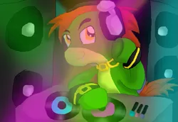 Size: 841x578 | Tagged: safe, artist:cocoasnowflakes, derpibooru import, ponified, pony, headphones, solo, sonic the hedgehog (series), vector the crocodile