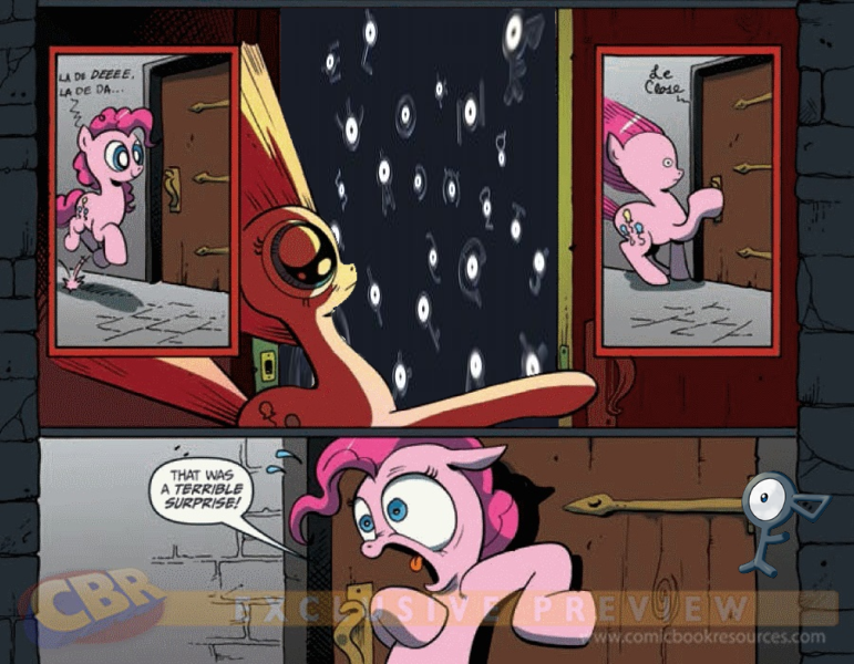 Size: 771x600 | Tagged: comic, derpibooru import, exploitable meme, idw, meme, obligatory pony, pinkie pie, pokémon, safe, surprise door, unown