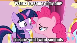 Size: 1280x720 | Tagged: safe, derpibooru import, edit, edited screencap, screencap, pinkie pie, twilight sparkle, green isn't your color, batman the animated series, bedroom eyes, caption, female, image macro, lesbian, pickup lines, shipping, text, twinkie