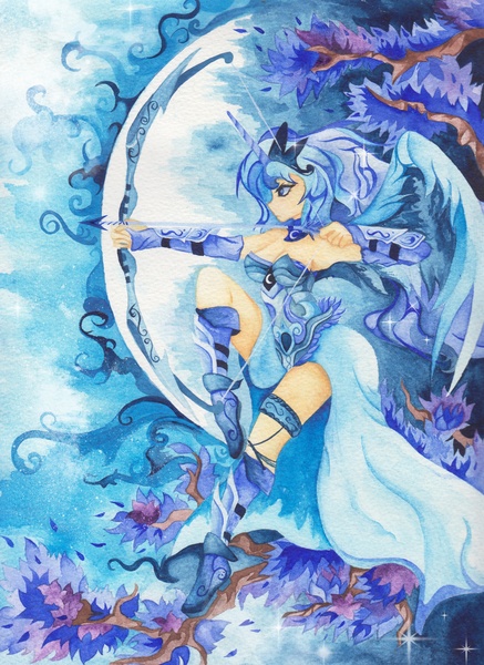Size: 2125x2917 | Tagged: archer, arrow, artist:artist-apprentice587, bow and arrow, bow (weapon), derpibooru import, horn, horned humanization, human, humanized, moon, princess luna, safe, solo, traditional art, warrior luna, watercolor painting, weapon, winged humanization, wings