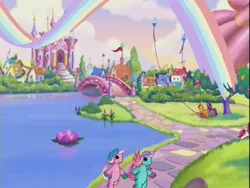 Size: 640x480 | Tagged: celebration castle, cotton candy (g3), derpibooru import, forsythia, g3, greetings from unicornia, kite, lake, minty, ponyville, rainbow, safe, sunny daze (g3), water lily, wysteria