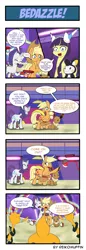 Size: 660x1914 | Tagged: safe, artist:reikomuffin, derpibooru import, applejack, rarity, ponified, eevee, pony, 4koma, comic, crossover, digimon, elesa, fight, pokémon, sukamon