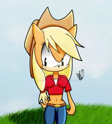 Size: 848x942 | Tagged: anthro, applejack, artist:alexthf, derpibooru import, safe, solo, sonicified, sonic the hedgehog (series), species swap, style emulation, watermark