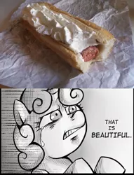 Size: 535x700 | Tagged: derpibooru import, exploitable meme, first world anarchist, food, hot dog, meat, meme, op's favorite dessert, safe, sausage, sweetie belle, that is beautiful, whipped cream