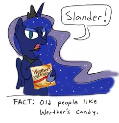 Size: 880x905 | Tagged: safe, artist:grilledcat, derpibooru import, princess luna, alicorn, pony, candy, female, food, luna is not amused, mare, simple background, solo, unamused, werther's original