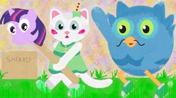 Size: 700x393 | Tagged: safe, artist:dried-apples, derpibooru import, twilight sparkle, anthro, bird, cat, owl, pony, unicorn, barely pony related, crossover, daniel tiger's neighborhood, female, group, katerina kittycat, male, o the owl, prop, toy