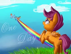 Size: 1700x1300 | Tagged: artist:annakitsun3, cloud, cloudy, crying, derpibooru import, grass, rainbow, rainbow dash, rearing, sad, safe, scootaloo, scootaloo can't fly, wing envy