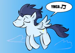 Size: 1000x700 | Tagged: artist:benja, derpibooru import, flying, music notes, safe, singing, soarin', solo, speech bubble, ymca