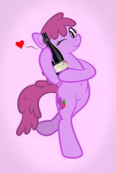 Size: 1066x1600 | Tagged: safe, artist:jepso, derpibooru import, berry punch, berryshine, pony, alcohol, belly button, bipedal, bottle, heart, one eye closed, pinot noir (wine), product placement, wine, wink, word of faust
