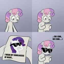 Size: 2000x2000 | Tagged: safe, derpibooru import, rarity, sweetie belle, corey hart, exploitable meme, meme, obligatory pony, song reference, sunglasses, sunglasses at night, sweetie's note meme