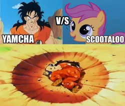 Size: 499x424 | Tagged: caption, derpibooru import, dragon ball z, dragonball z abridged, image macro, safe, scootaloo, text, vs, yamcha, yamcha's death pose