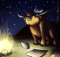 Size: 1000x948 | Tagged: 30 minute art challenge, artist:aeritus, astronomy, buffalo, campfire, derpibooru import, fire, night, orion, safe, shooting star (character), stars