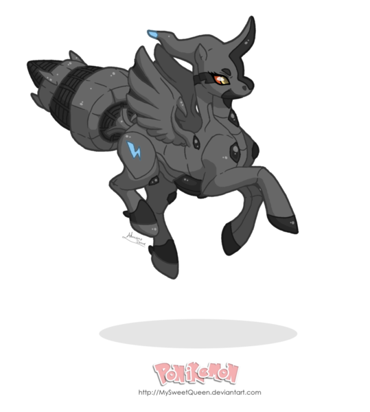 Size: 900x1002 | Tagged: safe, artist:almairis, derpibooru import, ponified, pony, zekrom, floating, pokémon, ponymon, simple background, solo, transparent background