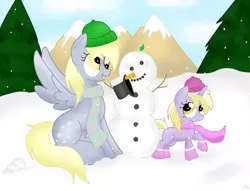 Size: 1988x1516 | Tagged: safe, artist:louderspeakers, derpibooru import, derpy hooves, dinky hooves, pegasus, pony, clothes, equestria's best mother, female, hat, mare, scarf, snow, snowfall, snowman