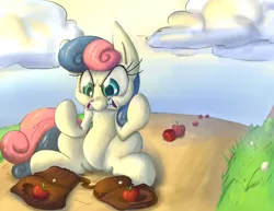 Size: 3300x2550 | Tagged: angry, apple, artist:leadhooves, bag, bon bon, bon bon is not amused, derpibooru import, food, high res, i didn't put those in my bag, saddle bag, safe, solo, sweetie drops, unamused