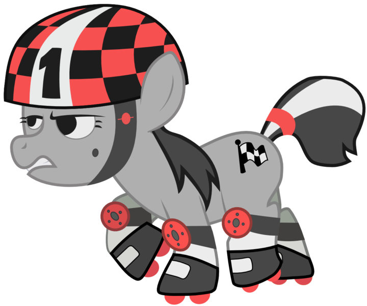 Size: 1200x1000 | Tagged: safe, artist:pageturner1988, derpibooru import, finish line (character), earth pony, pony, call of the cutie, 101 dalmatians, female, filly, foal, helmet, jasper badun, narrowed eyes, roller derby, roller skates, simple background, solo, transparent background, vector