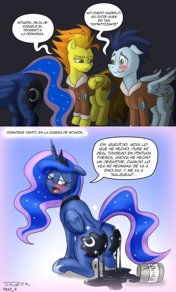 Size: 984x1632 | Tagged: artist:pluckyninja, ask sexy spitfire, blushing, butt, comic, derpibooru import, moonbutt, paint, paint on fur, plot, princess luna, sexy, soarin', spanish, spitfire, stupid sexy spitfire, suggestive, translation, tumblr, wonderbolts