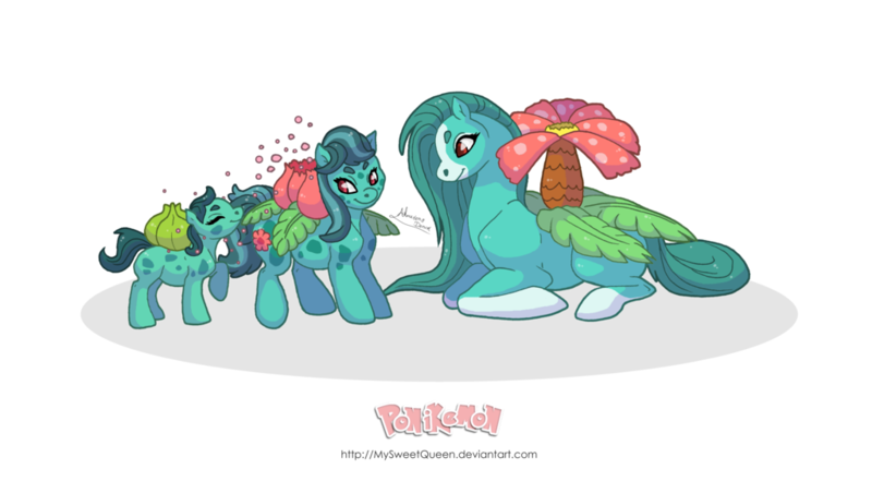 Size: 1024x565 | Tagged: safe, artist:almairis, derpibooru import, ponified, bulbasaur, ivysaur, original species, plant pony, pony, venusaur, blaze (coat marking), evolution chart, female, filly, flower, flower pony, foal, mare, mother and child, mother and daughter, plant, pokémon, ponymon, simple background, socks (coat marking), transparent background, trio