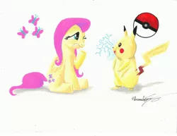 Size: 3300x2552 | Tagged: artist:primogenitor34, crossover, cutie mark, derpibooru import, fluttershy, nintendo, pikachu, pokéball, pokémon, safe, traditional art