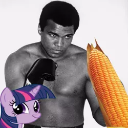 Size: 402x402 | Tagged: ali-corn (corn), corn, derpibooru import, edit, faic, food, muhammad ali, obligatory pony, pun, safe, smirk, twiface, twilight sparkle, visual pun, wrong neighborhood