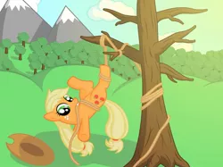 Size: 1275x955 | Tagged: safe, artist:ohemo, derpibooru import, applejack, pony, mouth hold, rope, silly, silly pony, solo, tied up, tree, upside down, who's a silly pony