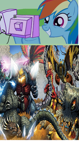 Size: 568x1012 | Tagged: anguirus, battra, derpibooru import, exploitable meme, gigan, godzilla, godzilla (series), hedorah, idw, kaiju, kumonga, meme, monster x, mothra, obligatory pony, rainbow dash, rodan, safe, spacegodzilla, titanosaurus, tv meme