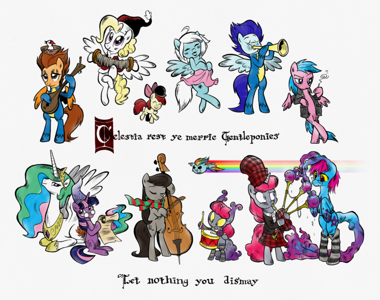 Size: 2500x1973 | Tagged: accordion, apple bloom, artist:willdrawforfood1, bagpipes, band, bird, blackletter, blob, bowler, cello, christmas, chubbie, cigarette, clothes, concert, derpibooru import, drums, firefly, g1, g1 to g4, generation leap, glasses, harmonica, holiday, jacket, musical instrument, oc, oc:cteno, oc:echo the wonderbolt, oc:satin, octavia melody, oc:velvet, pogo, princess celestia, rainbow dash, safe, scarf, soarin', spitfire, surprise, trumpet, twilight sparkle