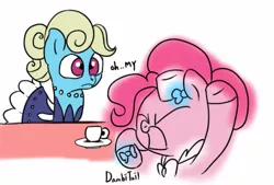 Size: 638x431 | Tagged: 30 minute art challenge, artist:dambitail, clothes, cup, derpibooru import, dialogue, dress, eclair créme, gala dress, jangles, pinkie pie, plate, safe, table, teacup