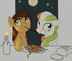 Size: 1000x850 | Tagged: safe, derpibooru import, oc, oc:maría teresa de los ponyos paguetti, oc:princess stivalia, ponified, pony, candle, dinner, eating, female, food, italy, lady and the tramp, lesbian, nation ponies, pasta, shipping, spaghetti, spaghetti scene, wip