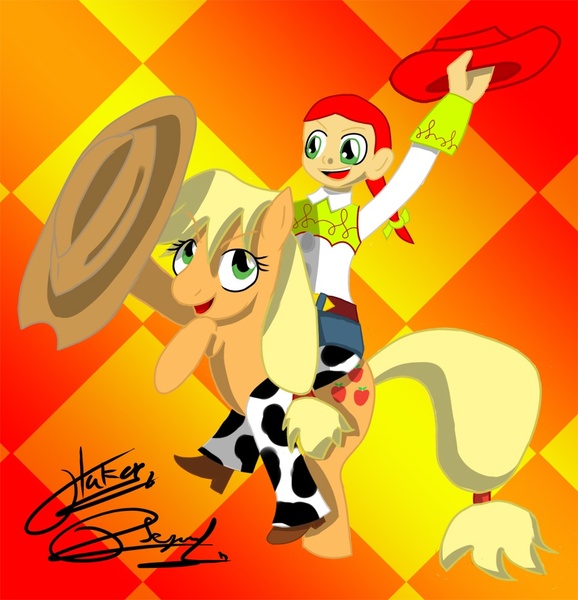 Size: 881x915 | Tagged: applejack, artist:otakon, cowboy hat, crossover, derpibooru import, hat, jessie, jessie (toy story), safe, toy story